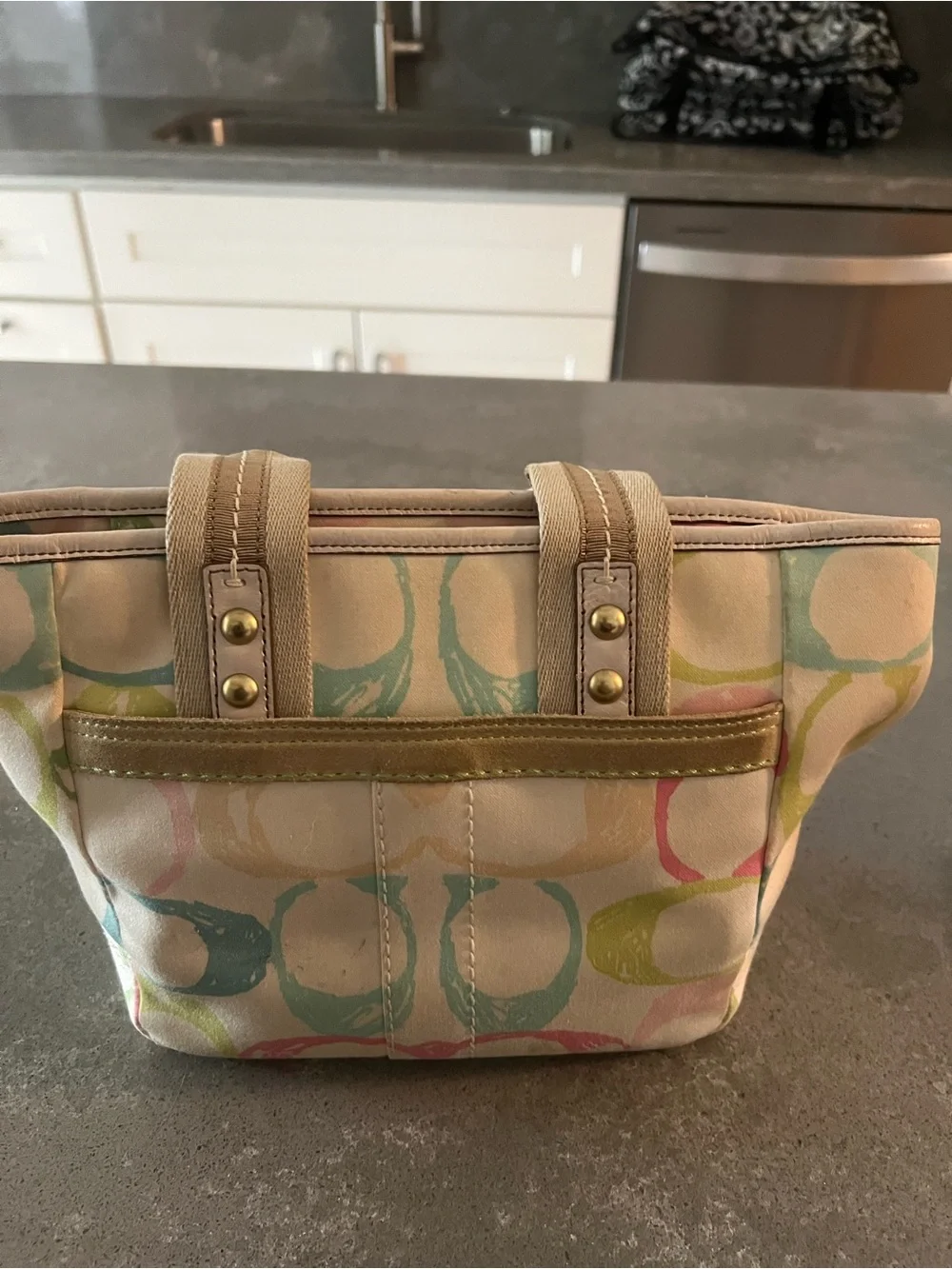 Coach Pastel Multicolor Canvas Tote with Lime Leather Tags